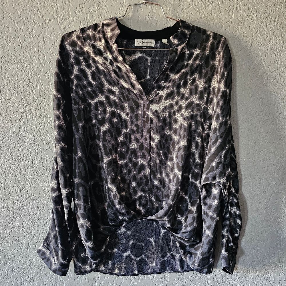 Neiman Marcus Black & Gray Animal Print Satin Blouse Size M